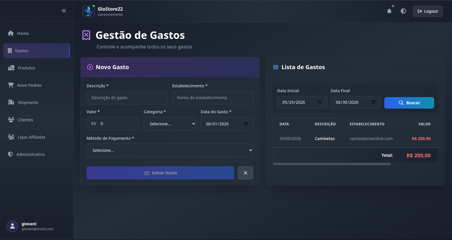 Tela de gestão de gastos do Blu3r